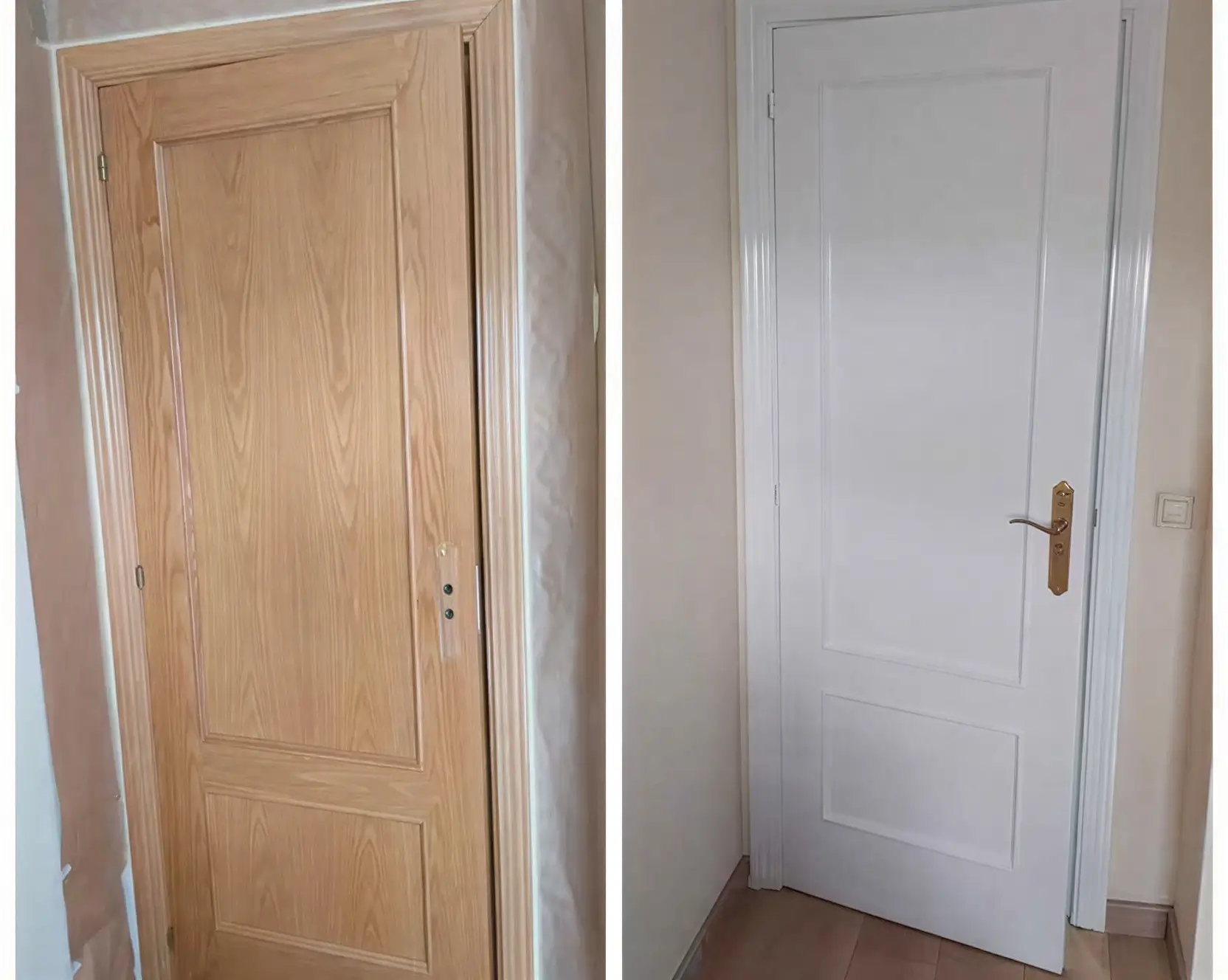 Antes y después de lacar puerta de madera en blanco por Los Pintores Castellón