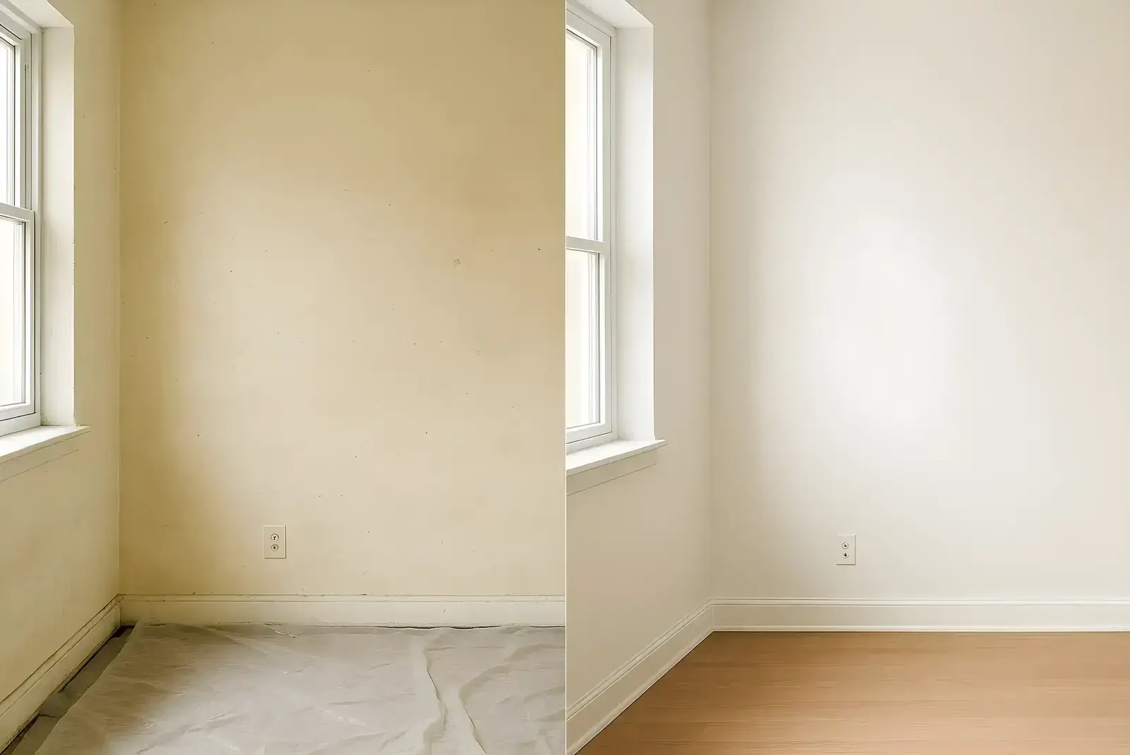 Antes y después de pintura interior en salón, trabajo de Los Pintores Castellón con paredes renovadas